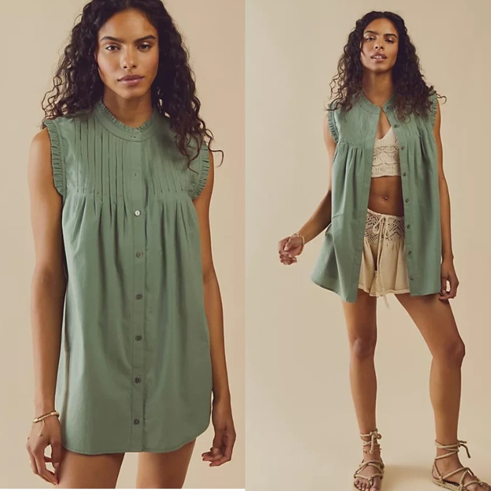 Free People Annie Pintucked Tunic Top Size Small Washed Olive Green Ruffled
